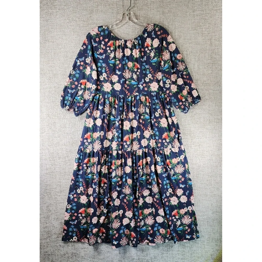 Tea Collection Womens S Blue Floral Midi Dress Stretch Knit Cottage 3/4 Sleeve - Picture 8 of 11